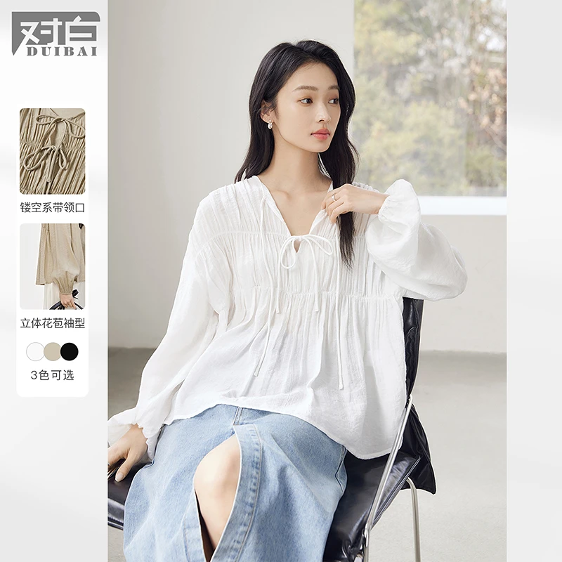 D01对白法式宫廷风蝴蝶结系带衬衫高级感捏褶灯笼袖上衣FDC086