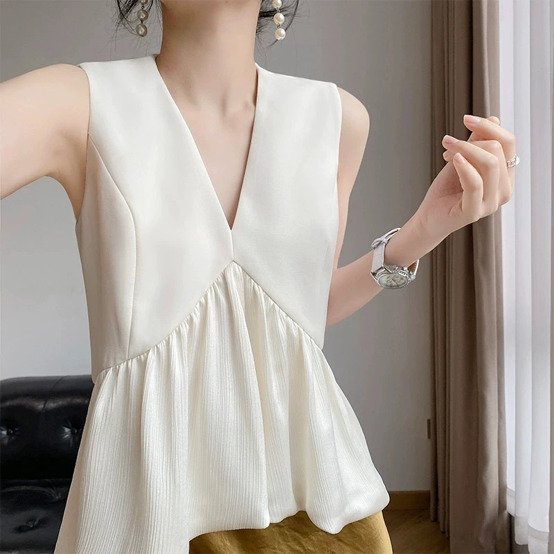 夏季菱泽希韩雪同款V领收腰醋酸米白色荷叶边拼接无袖新时尚显瘦