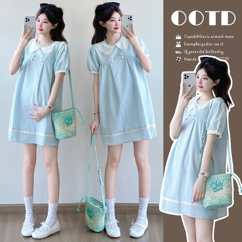 时髦孕妇装2025时髦减龄简约流行花边元素娃娃领舒适显瘦款连衣裙