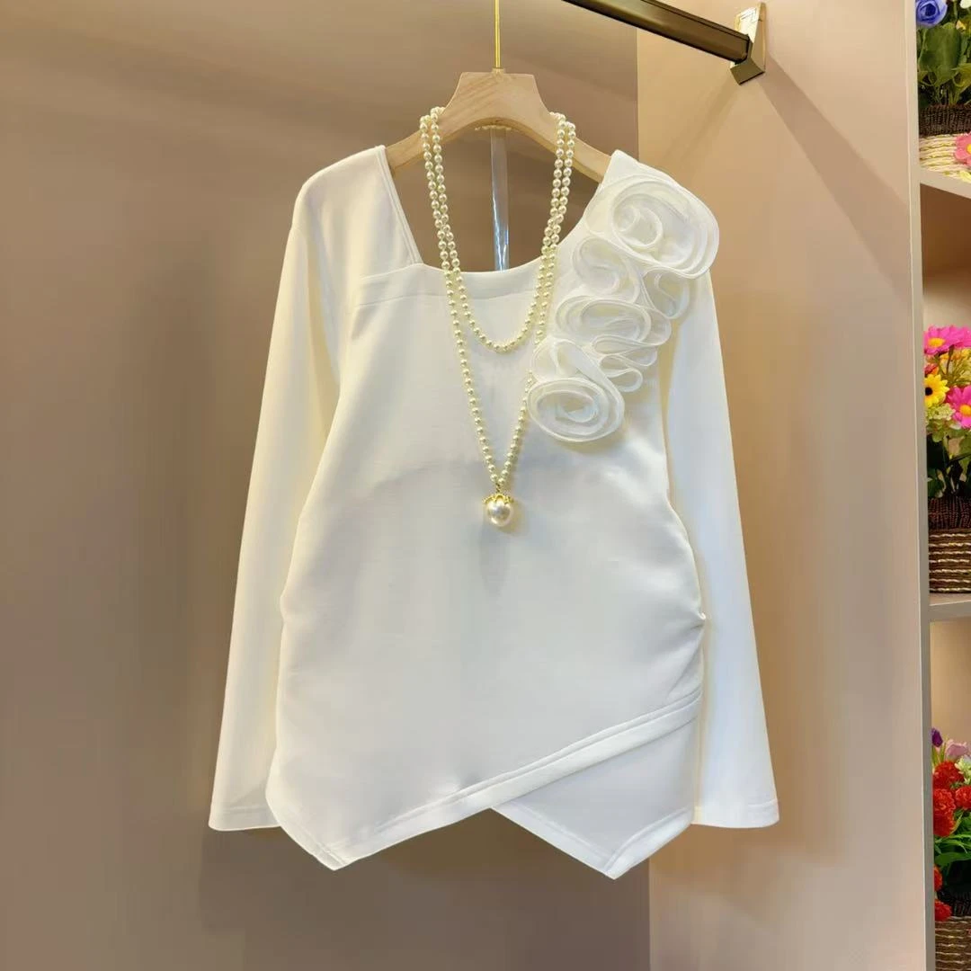 小众不规则气质单边花朵时尚设计感小衫衣长60左右