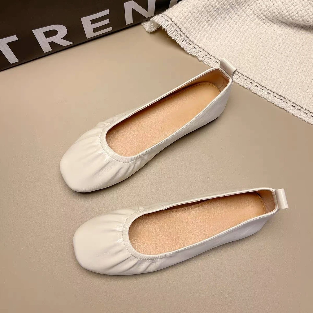 全软牛皮褶皱浅口单鞋女平底豆豆鞋2025春秋季软底奶奶鞋法式爆款