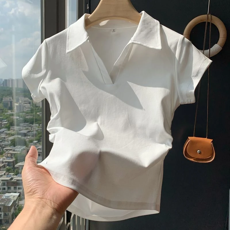 纯欲不规则下摆圆领短袖t恤女正肩夏季美式内搭鱼骨修身打底上衣