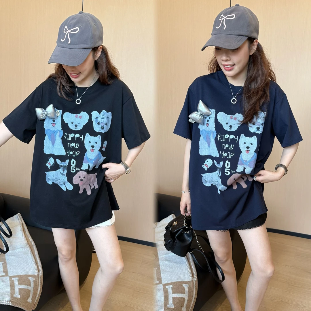二姐的宝藏夏季小众韩版设计感小狗图案圆领T恤#25124