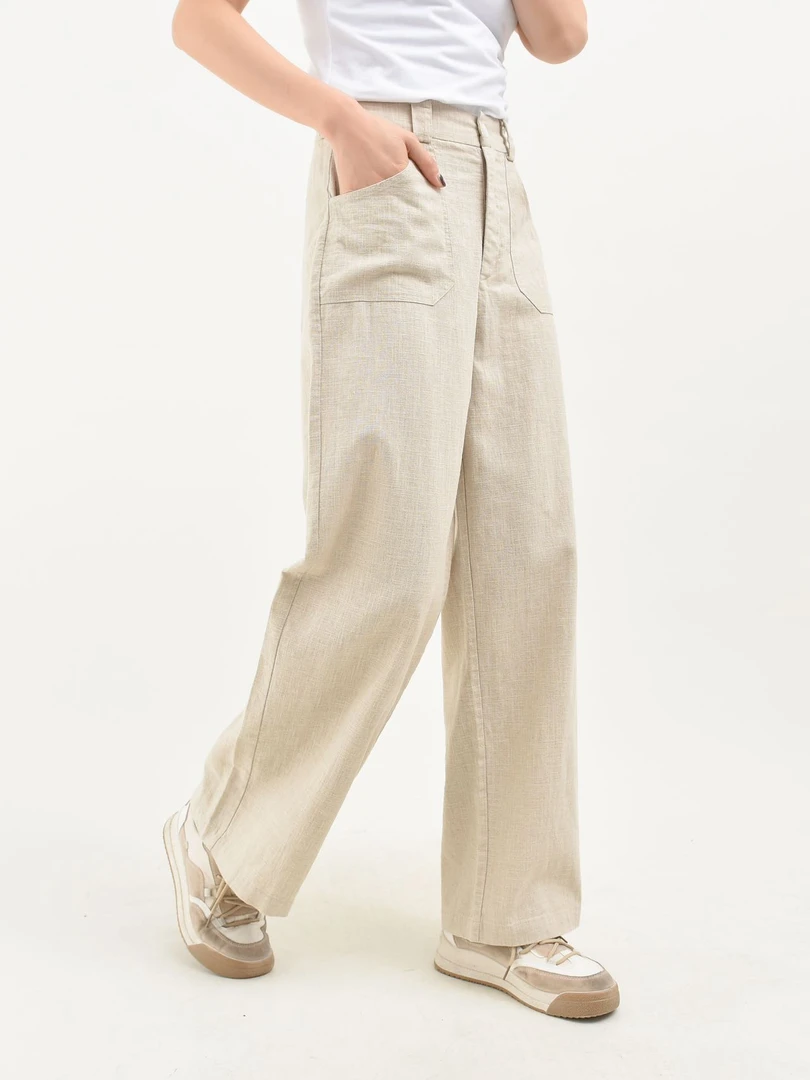 100苎麻显瘦休闲高腰薄款复古阔腿宽松西装裤378