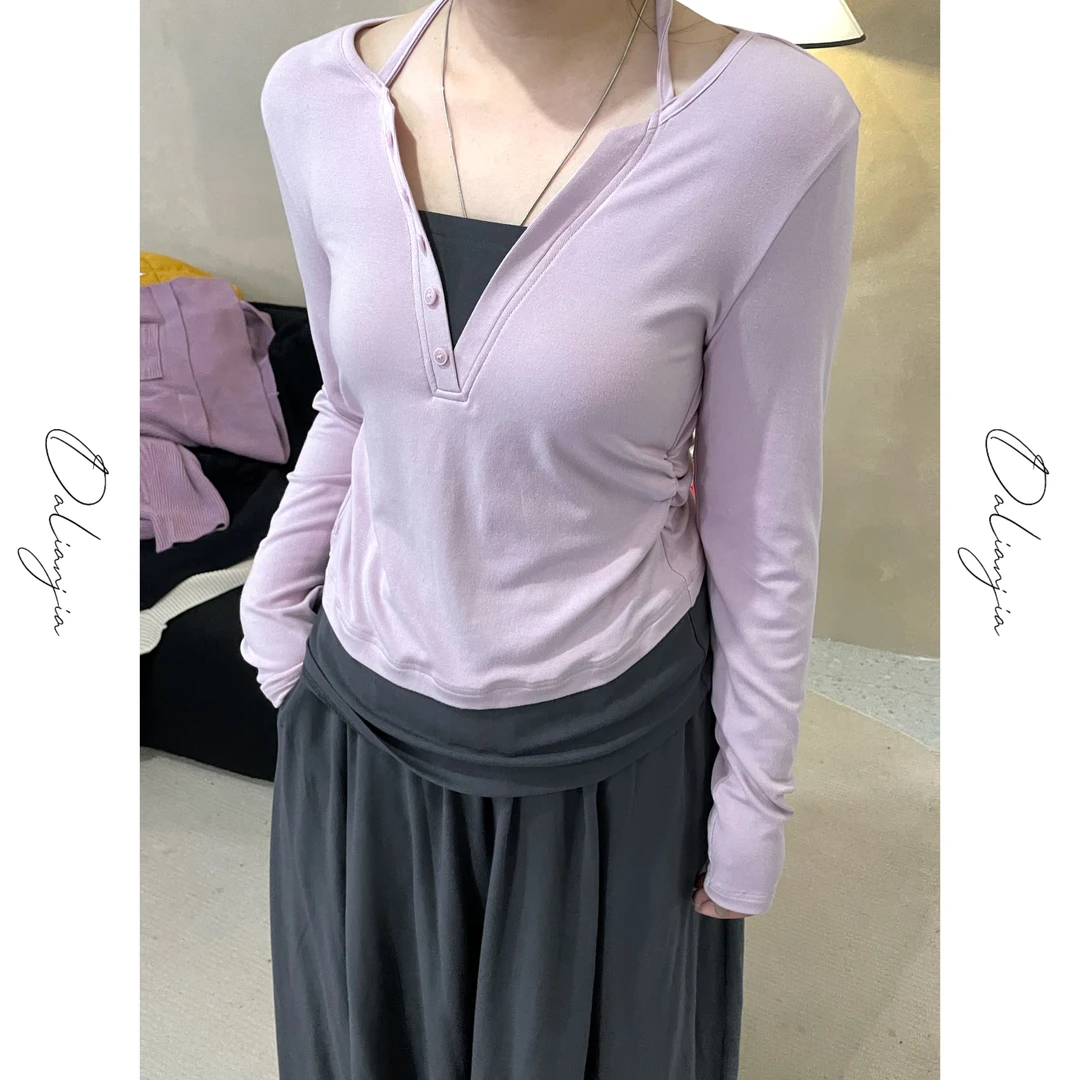 晶咕【静好时光-套装】假两件挂脖长袖上衣+松紧腰半身裙套装