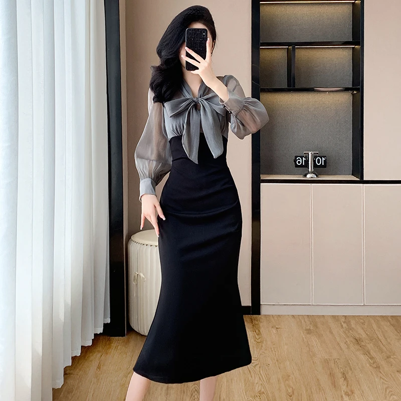 秋冬气质修身系带韩版鱼尾修身拼接鱼尾连衣裙