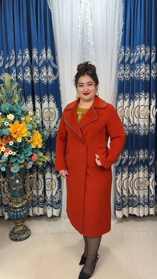 长款刺绣防风毛呢外套加厚妈妈装民族风红色冬季毛呢中长款-2353