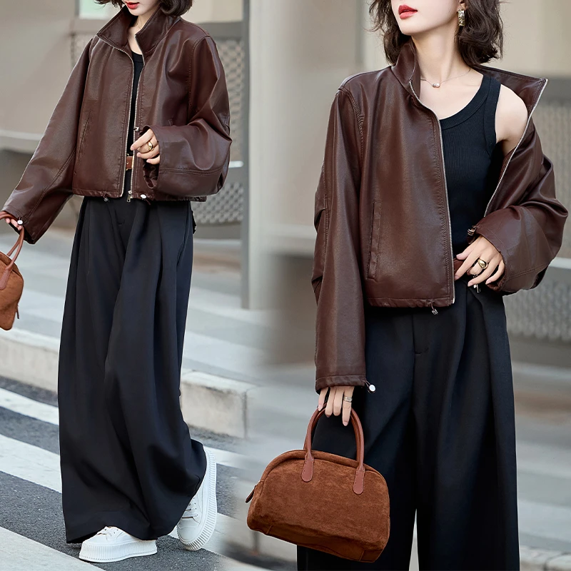 立领通用秋季轻职风长袖常规皮衣春秋宽松洋气女装