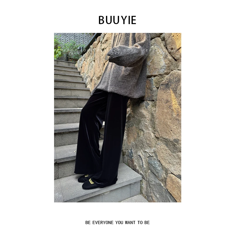 BUUYIE 25SS【风襟】重磅垂坠显瘦百搭复古阔腿丝绒裤 250826
