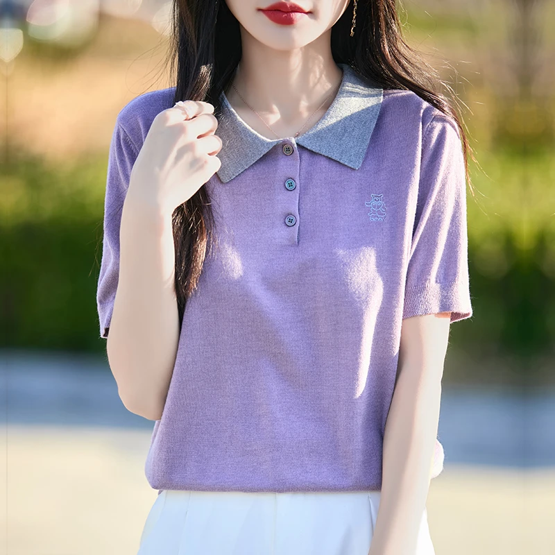 哥弟阿玛施正品棉+桑蚕丝翻领减龄短袖冰丝针织衫新款夏季宽松t恤