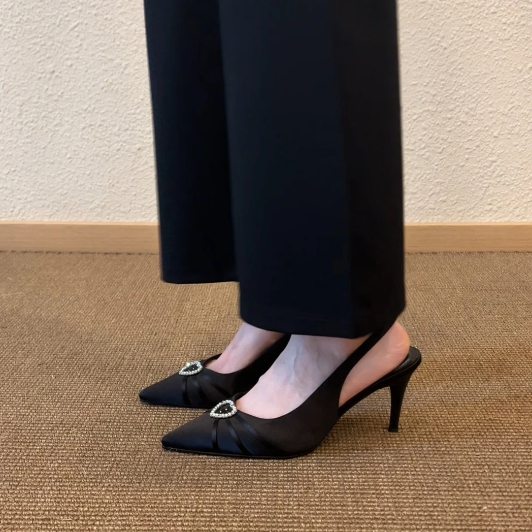 Pokoy-8cm高跟凉鞋女气质水钻尖头浅口高定细跟浅口凉鞋