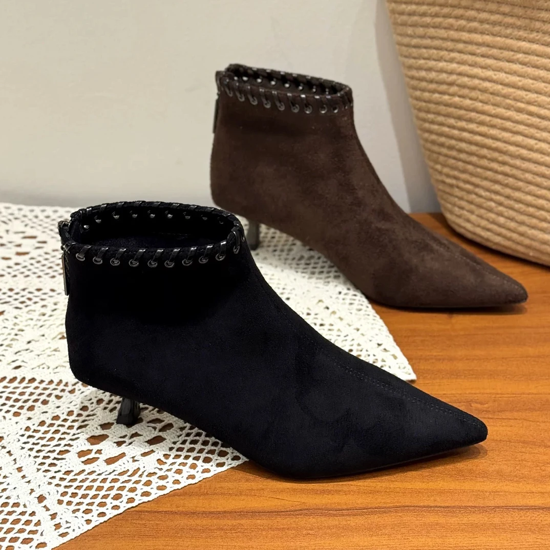 年底福利！薄绒羊京绒4cm小细跟法式气质短靴N077801