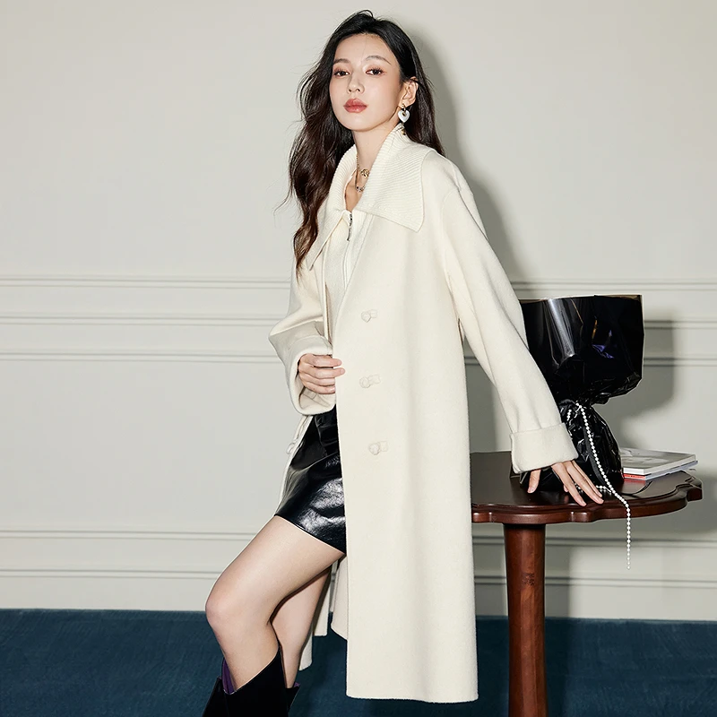 卡拉佛米白色针织领毛呢外套冬季中式盘扣绵羊毛大衣叠穿844A086