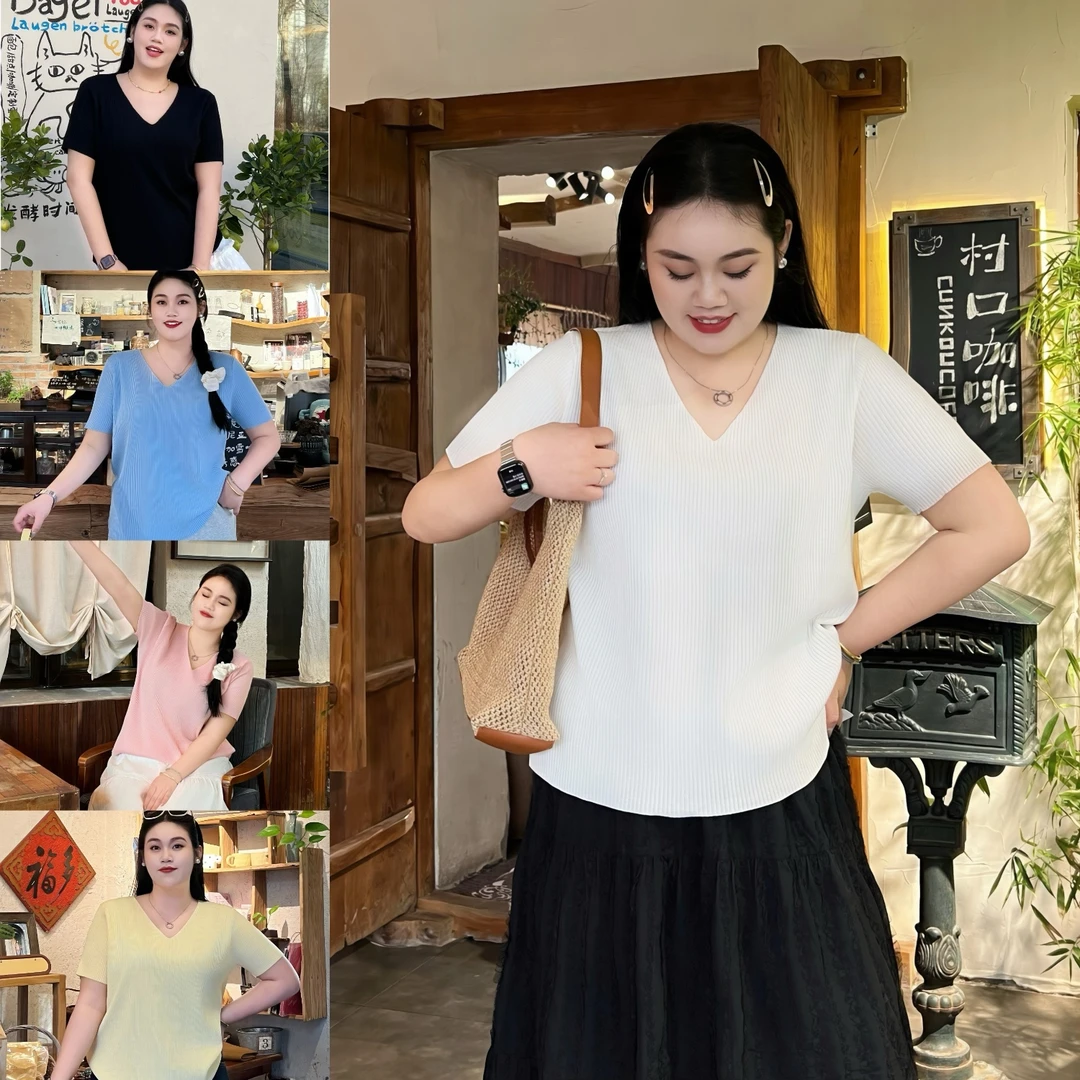 草莓奶冻 / 零压感V领针织短袖14299花契大码200斤胖mm夏季时尚