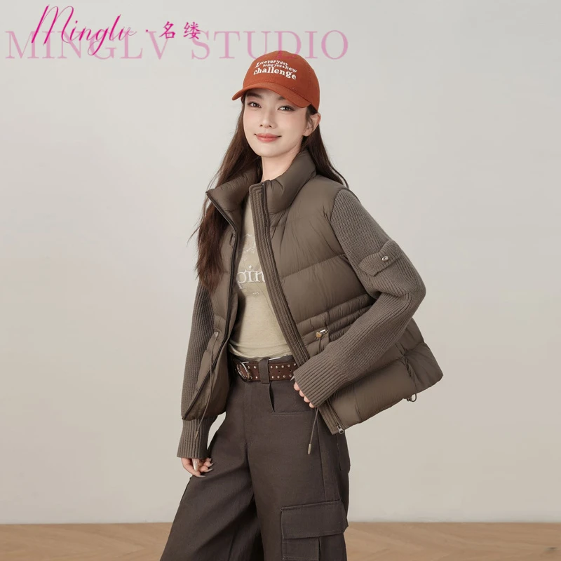 名缕品牌2025新款鸭绒羽绒服女中长款针织袖子拼接立领韩版羽绒服