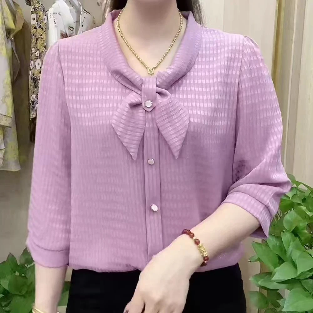 9500-夏季新款中袖小衫中老年妈妈装蝴蝶结宽松百搭上衣（老仓库）