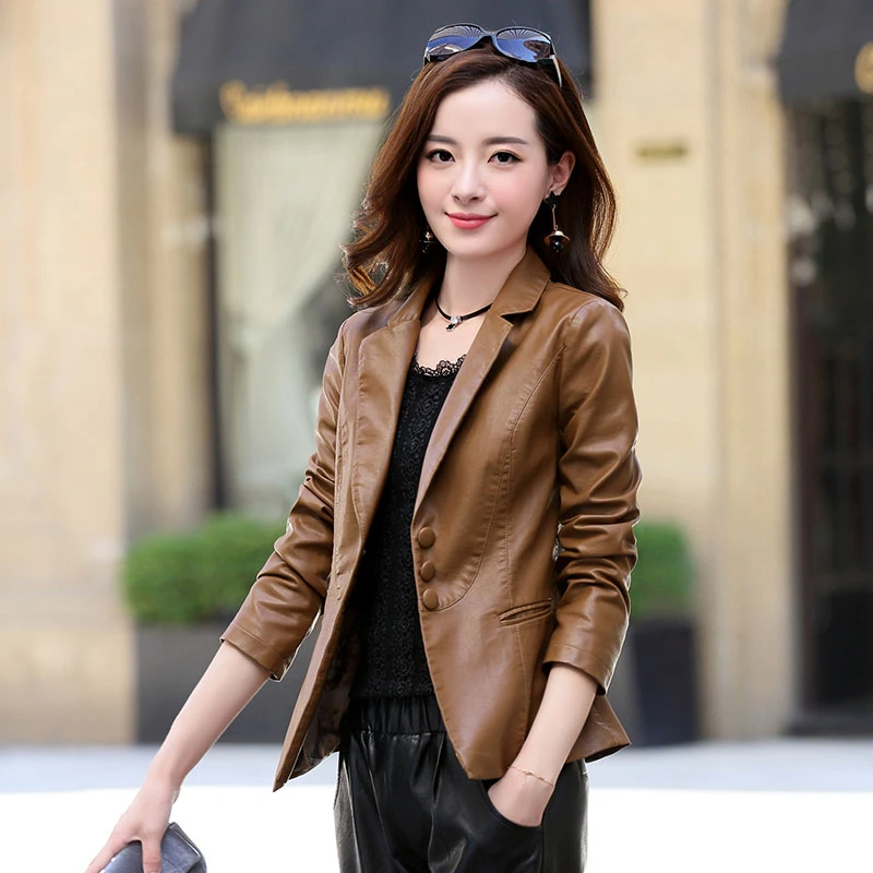 2025年春季韩版潮流三粒扣水洗休闲皮衣气质简约甜美优雅