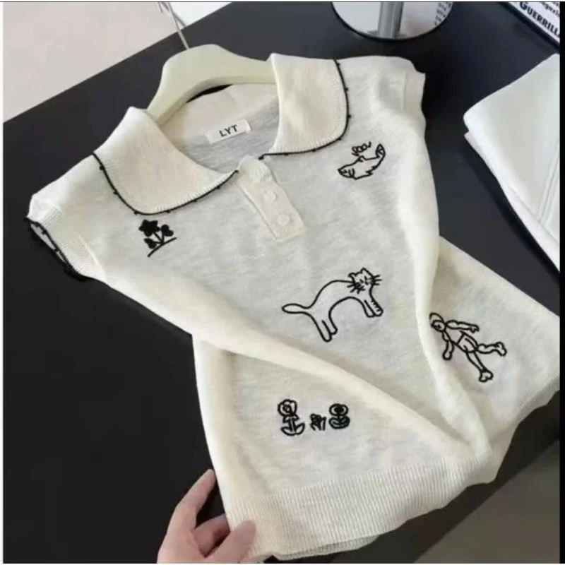 韩系甜美减龄娃娃领刺绣短袖夏季新款洋气休闲百搭针织衫上衣5228