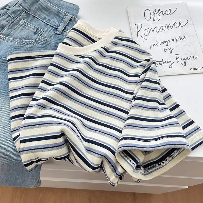 正肩条纹短袖T恤女夏季2025新款休闲设计感小众独特超好看上衣女