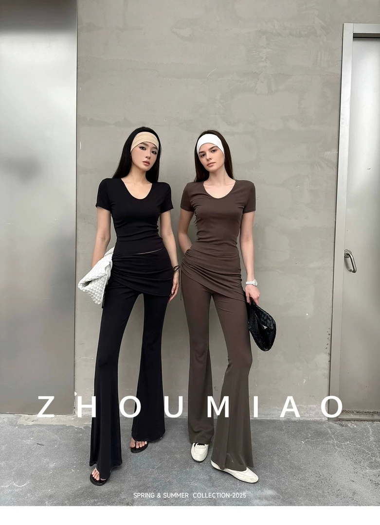 周淼同款瘦没了纸片人套装修身短袖T恤tee假两件套装微喇裤子女