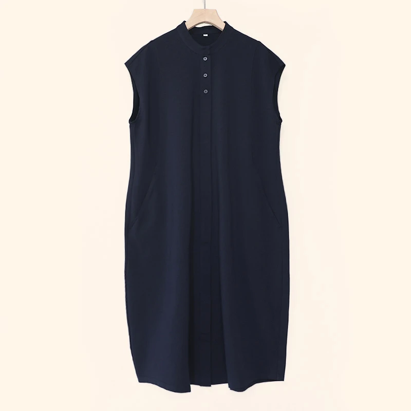 气质时尚纯色立领百搭慵懒宽松遮肉显瘦针织茧型无袖女款连衣裙