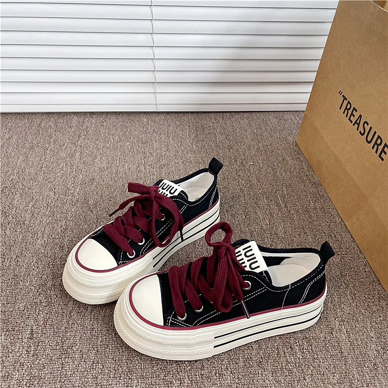 易少年 厚底透气黑红帆布鞋女ins学生百搭小白鞋2025夏季新款板鞋