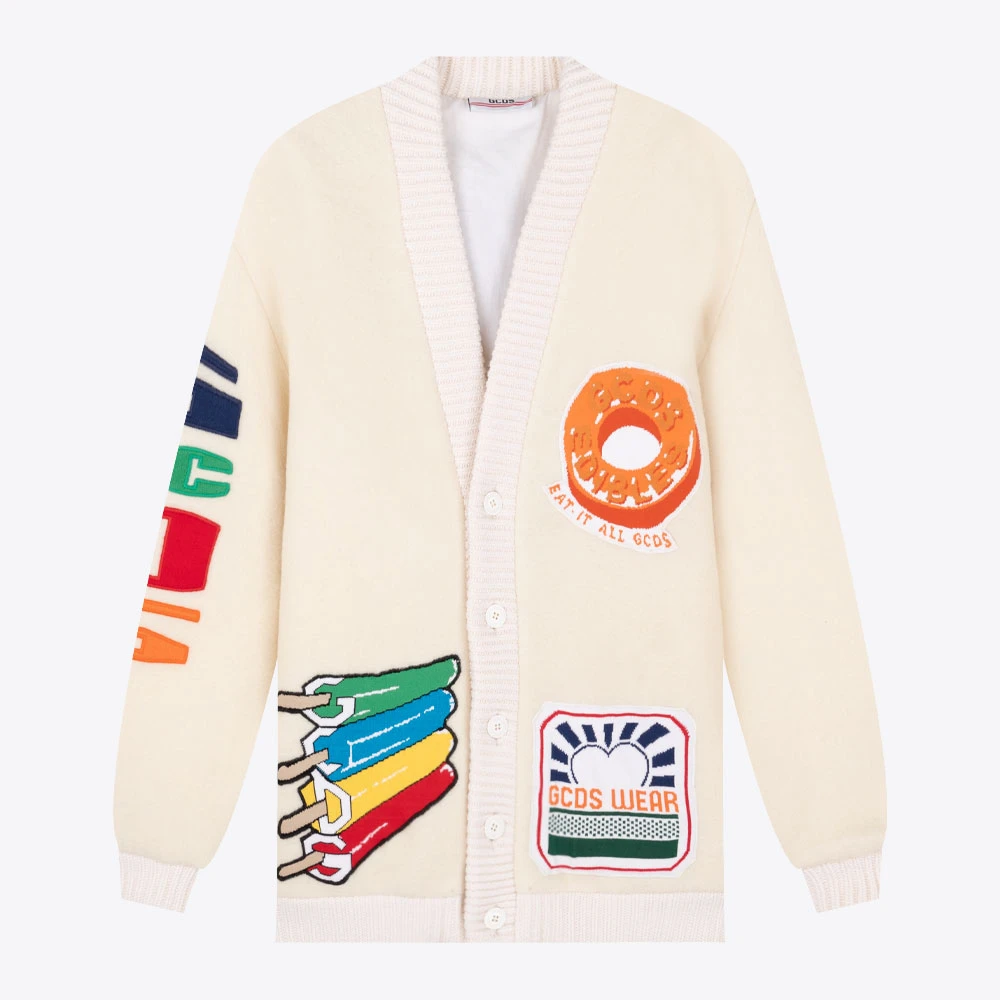 GCDS绵羊毛卡通甜甜圈男士v领开衫毛衣针织拼接外套FW22M02001666