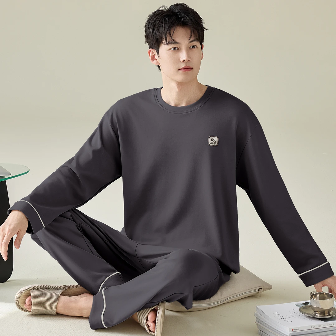 100%纯棉男士睡衣春秋款长袖长裤简约休闲青少年可外穿家居服套装