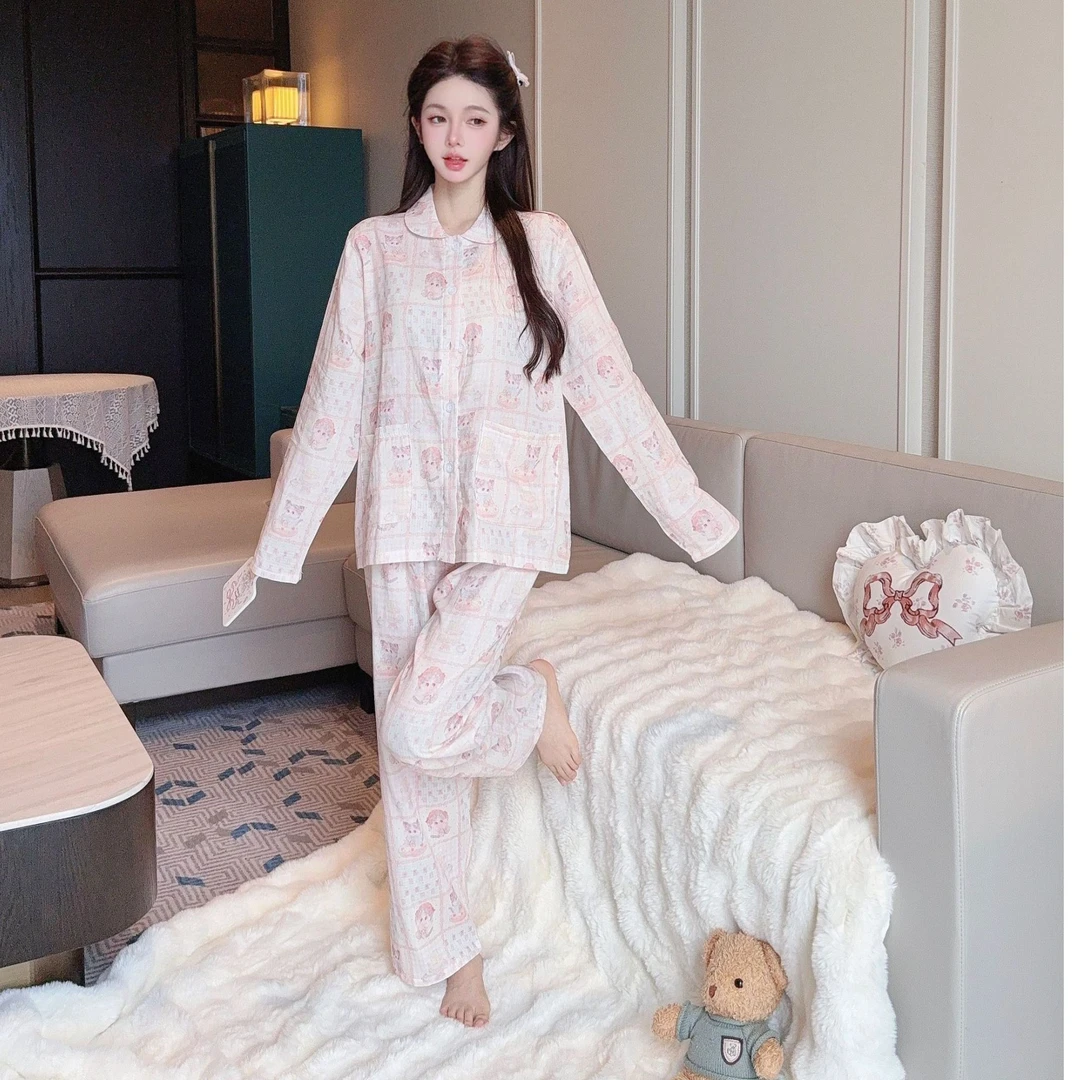 梭织精梳棉 春夏薄款睡衣套装 亲肤透气   家居服套装女 宽松