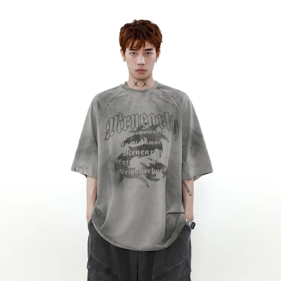 潮牌欧美嘻哈复古脏脏重磅纯棉情侣装短袖t恤男夏季潮牌新款上衣