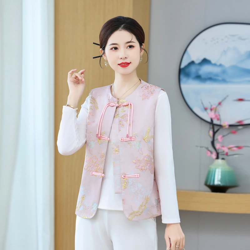 无袖常规马夹马甲提花唐装马夹圆领薄款女士印花春秋女女装