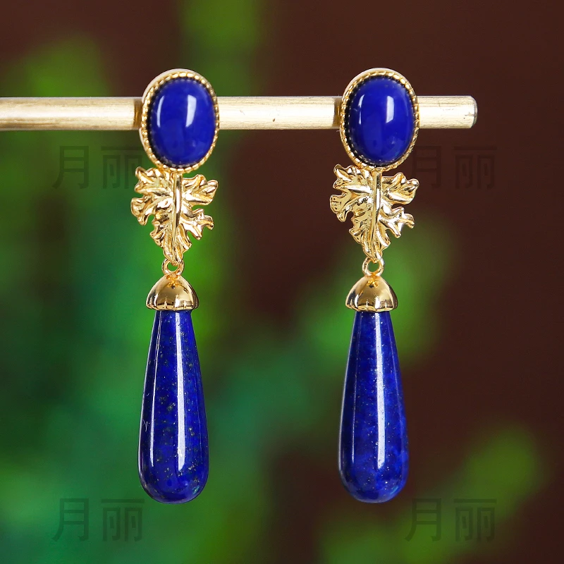 时尚长款气质青金石水滴耳坠女 s925银镶防过敏 上耳显高级