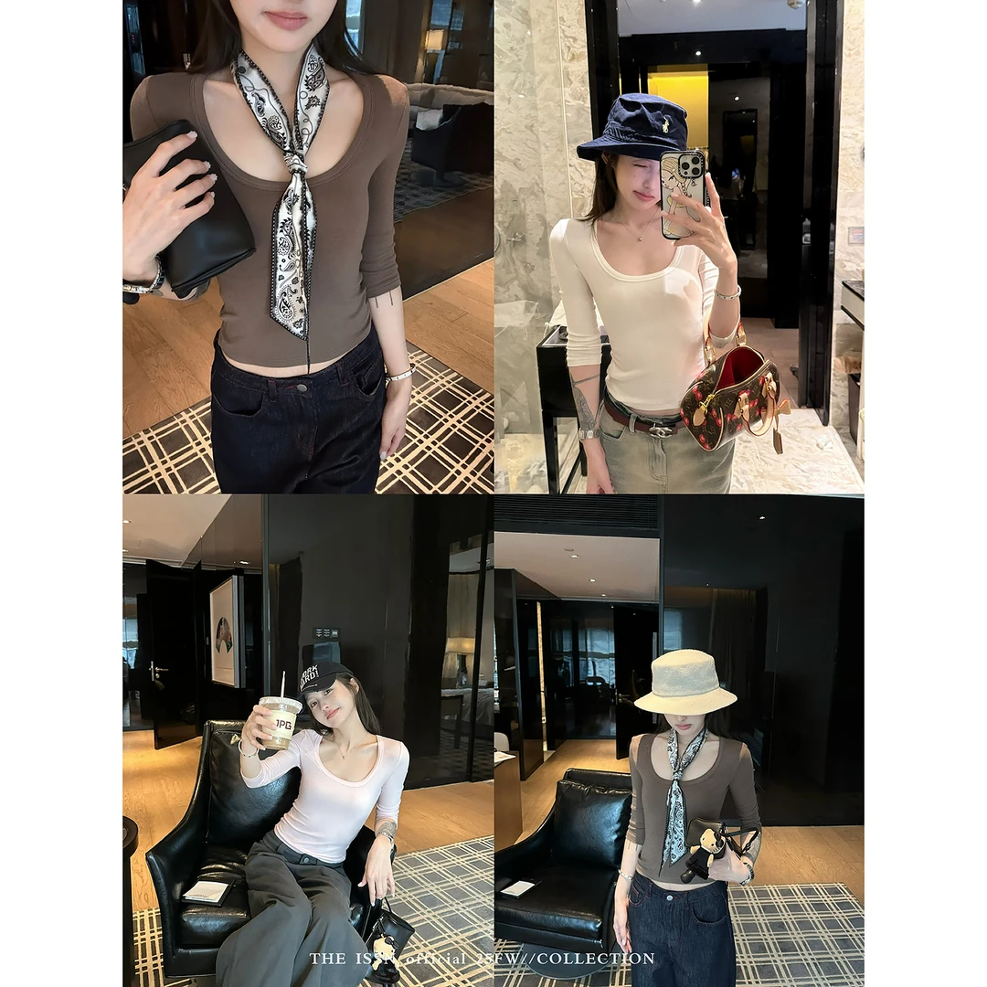 THEISSN宁司 大u领中袖修身T恤女早秋韩系百搭显瘦上衣 01168