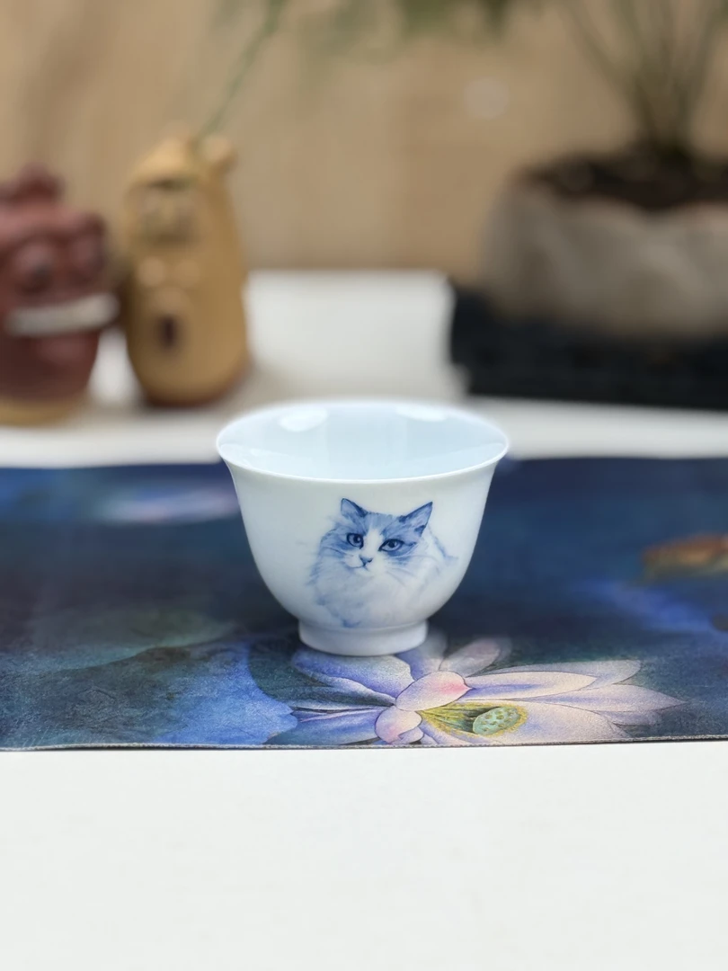 猫咪高足铃铛茶杯个人品茗家用单杯0004主人杯手绘