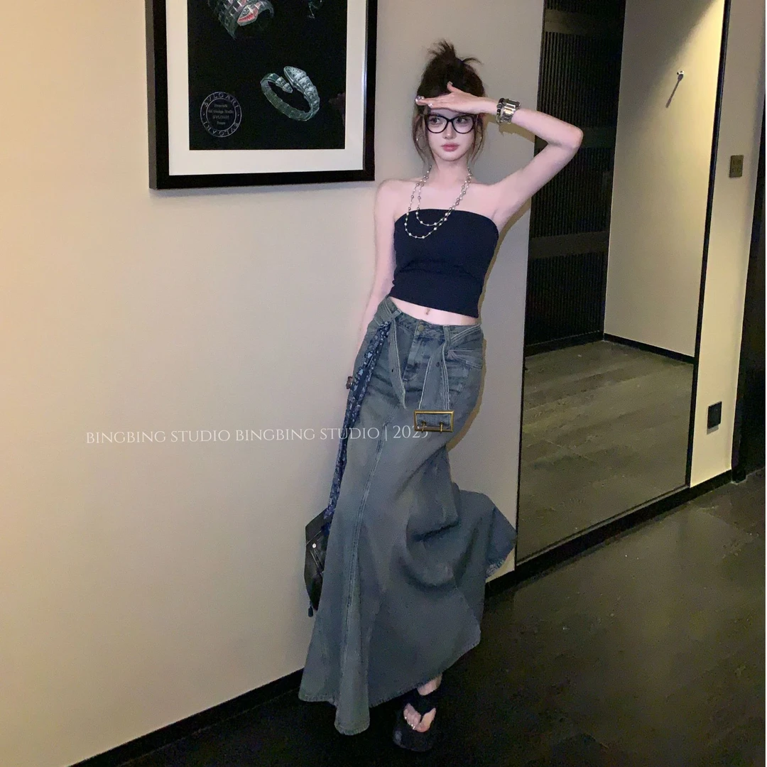 美式复古牛仔半身裙女春夏高腰显瘦垂坠感大码胖mm包臀鱼尾长裙子