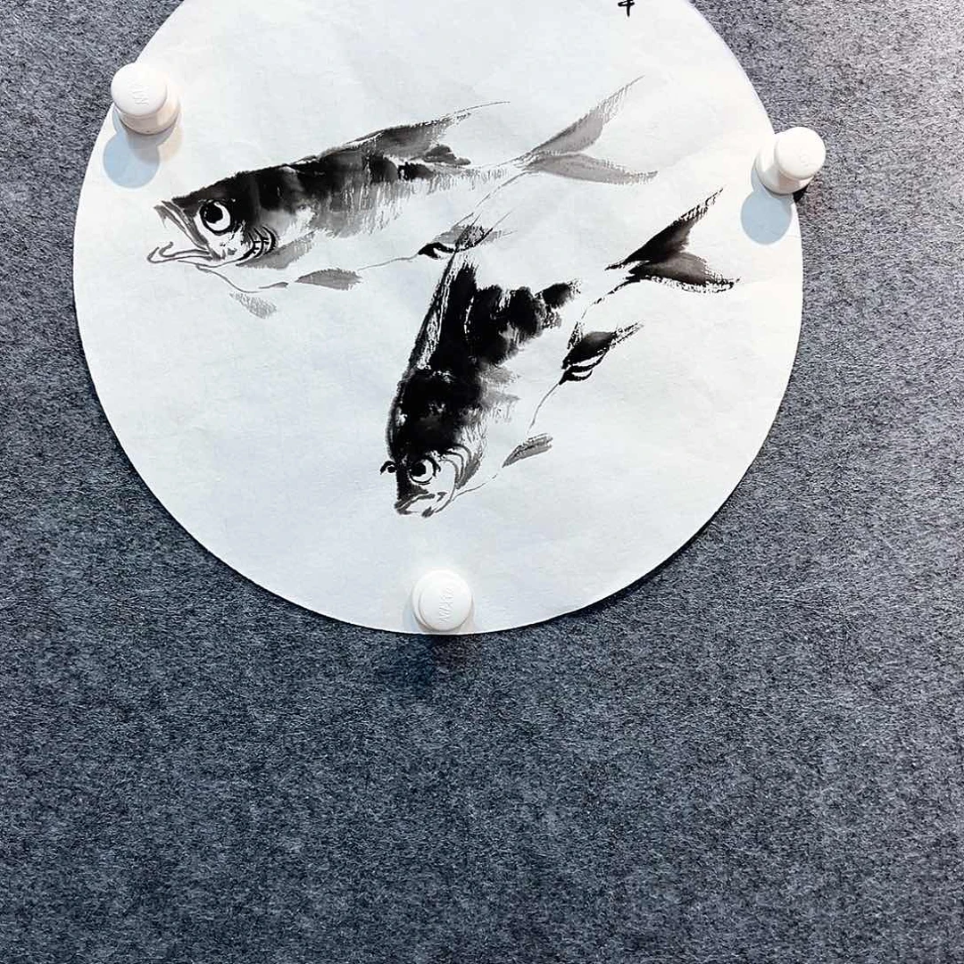 国画知鱼之乐纯手工画