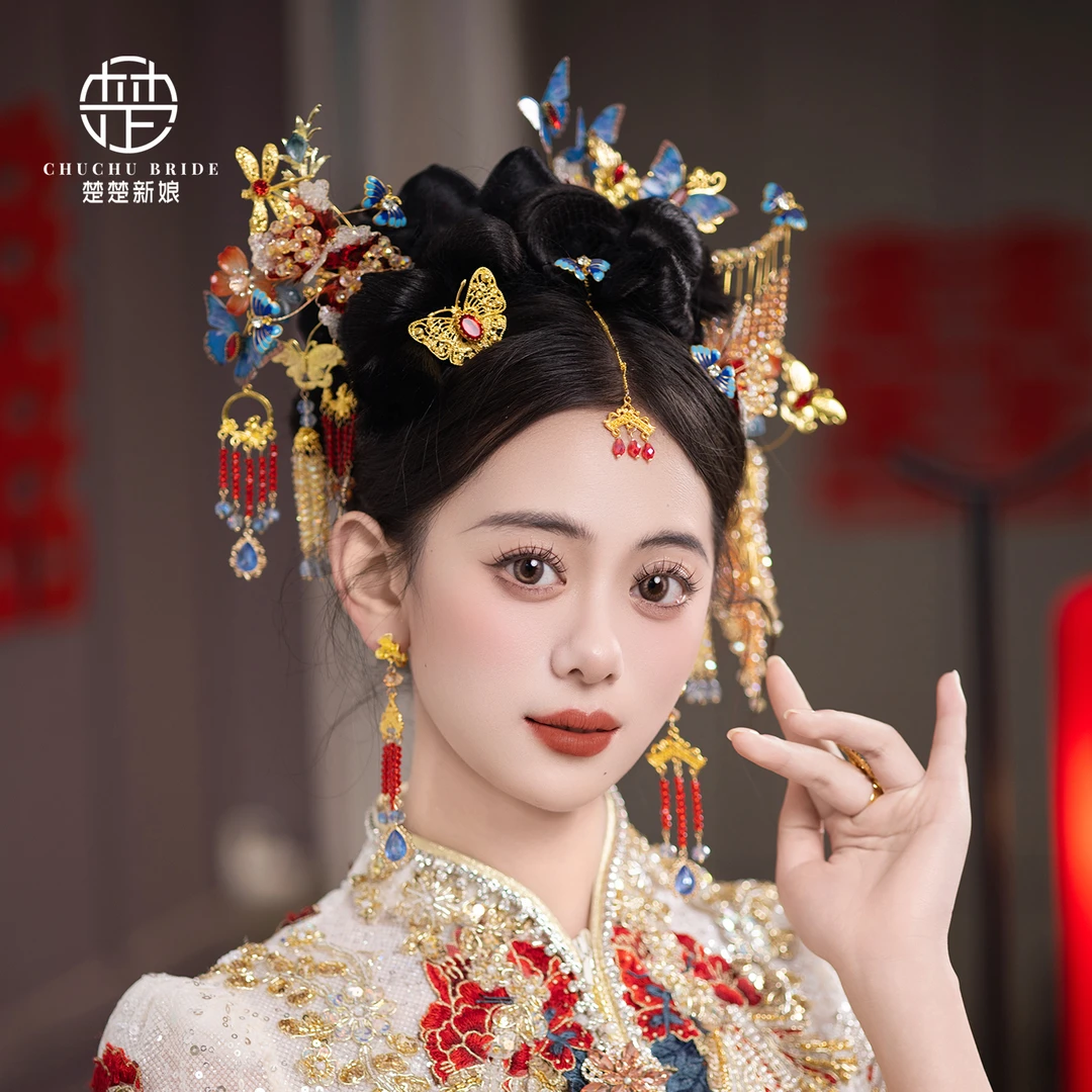 新款中式婚礼奢华水晶凤冠汉服发饰复古秀禾古装传统新娘发饰品