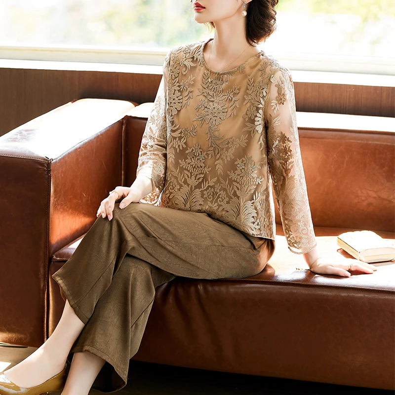 妈妈秋装蕾丝刺绣长袖上衣中老年女装春秋减龄小衫两件套