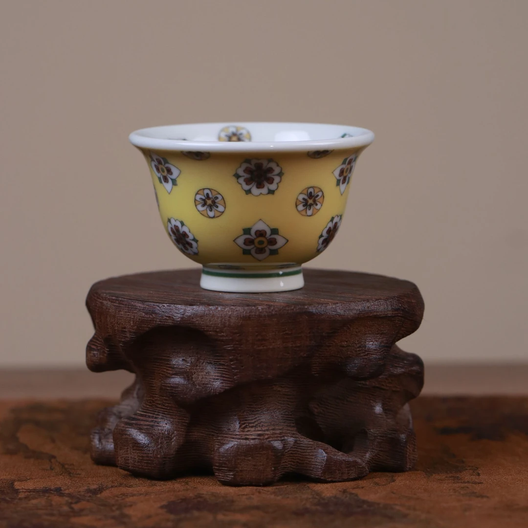 设色窑 黄色琵琶纹小压手杯