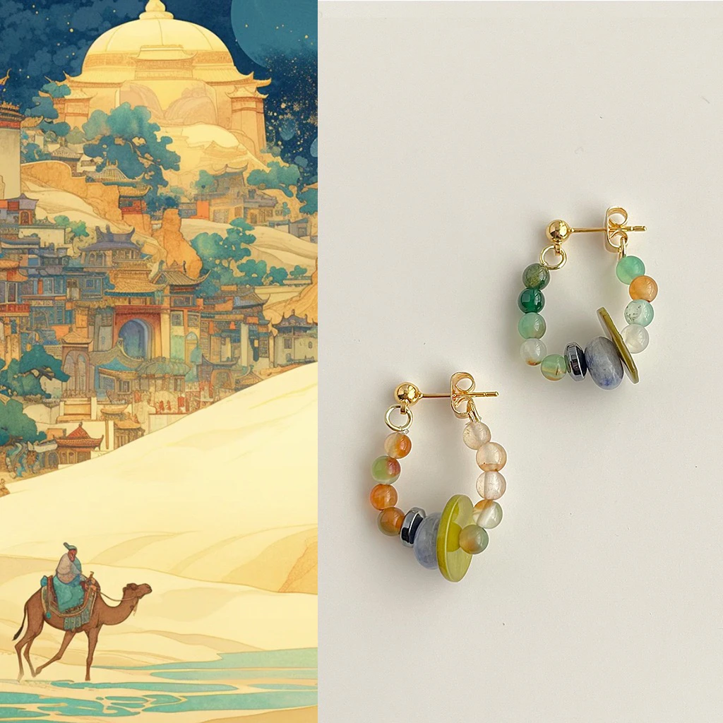 丝绸之路·国风手作几何天然石玛瑙贝壳耳环复古文艺耳钉小众耳饰