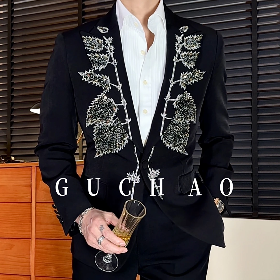 【Gc-古潮】-高级手工刺绣镶钻-男士轻奢戗驳领舞台高级感西装套装