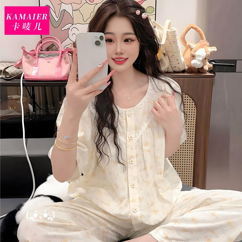 (可爱鸭)夏季新款可爱休闲显瘦纯棉短袖透气家居服圆领套装可外穿