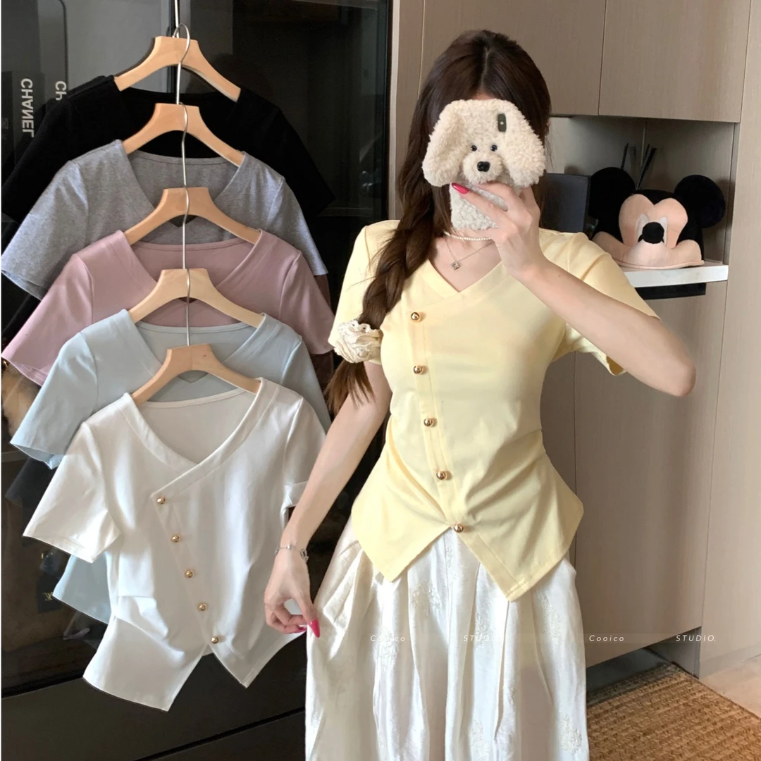 6702 大码胖mm设计感v领不规则别致掐腰上衣