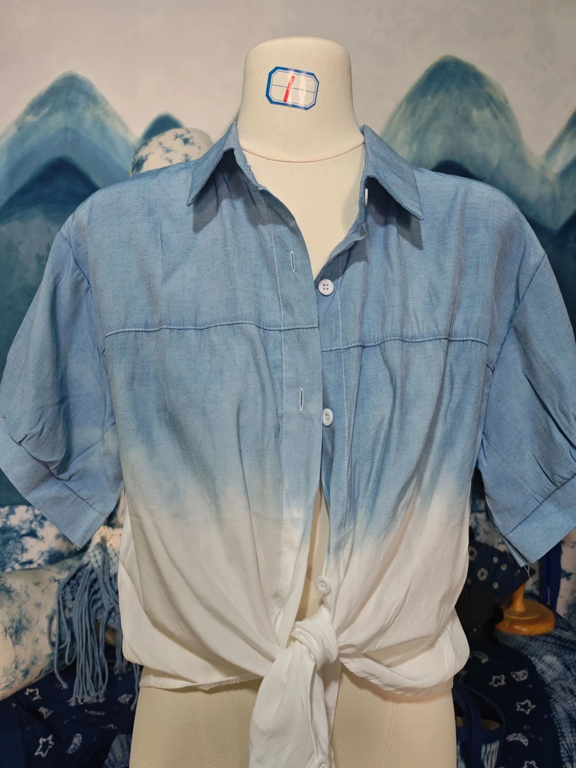 907【守艺扎染】蓝染渐变衬衫绑款小上衣