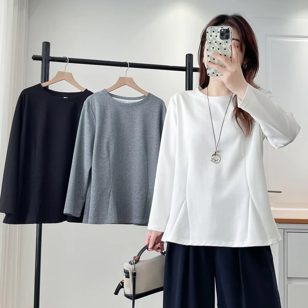 遮肚子显瘦百搭内搭圆领微胖mm大板型大码女装T恤衫卫衣上衣新款