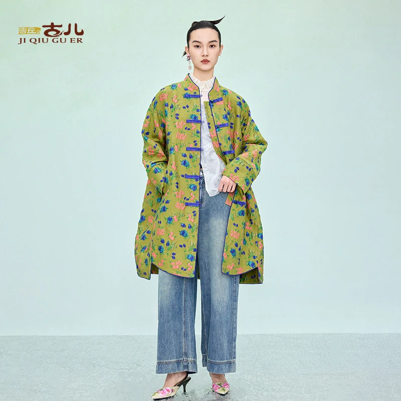 吉丘古儿梵蓝立体提花茧型外套百搭中式复古民族风春秋G251Y002