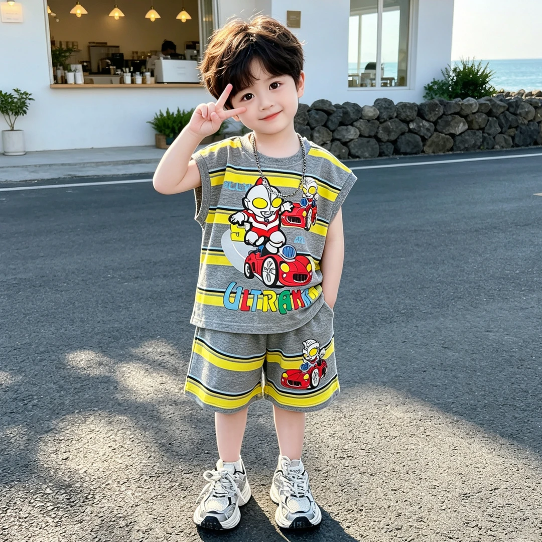 奥特曼衣服男童夏季短袖套装2026新款儿童牛仔短裤痞帅夏装两件套