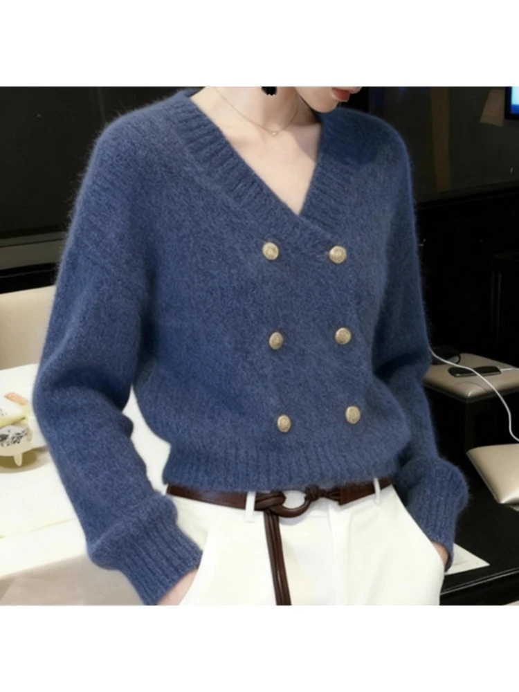 韩系chic复古风蓝色v领长袖毛衣针织开衫女秋冬款超好看软糯小衫