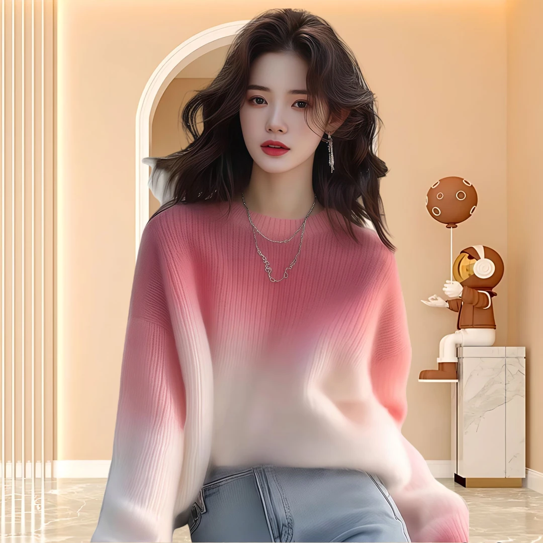 仙气飘飘渐变色圆领慵懒套头百搭多巴胺粉白色撞色软糯毛衣女装