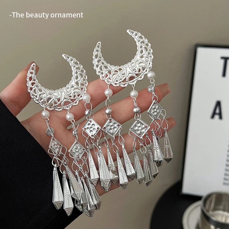 超仙月牙流苏发夹女民族风战国袍掩鬓发卡古风苗族汉服配饰品头饰